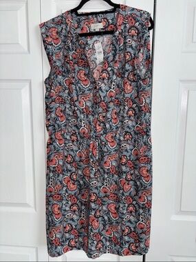 LOFT Coral and Slate Floral Midi Dress with Tie Waist